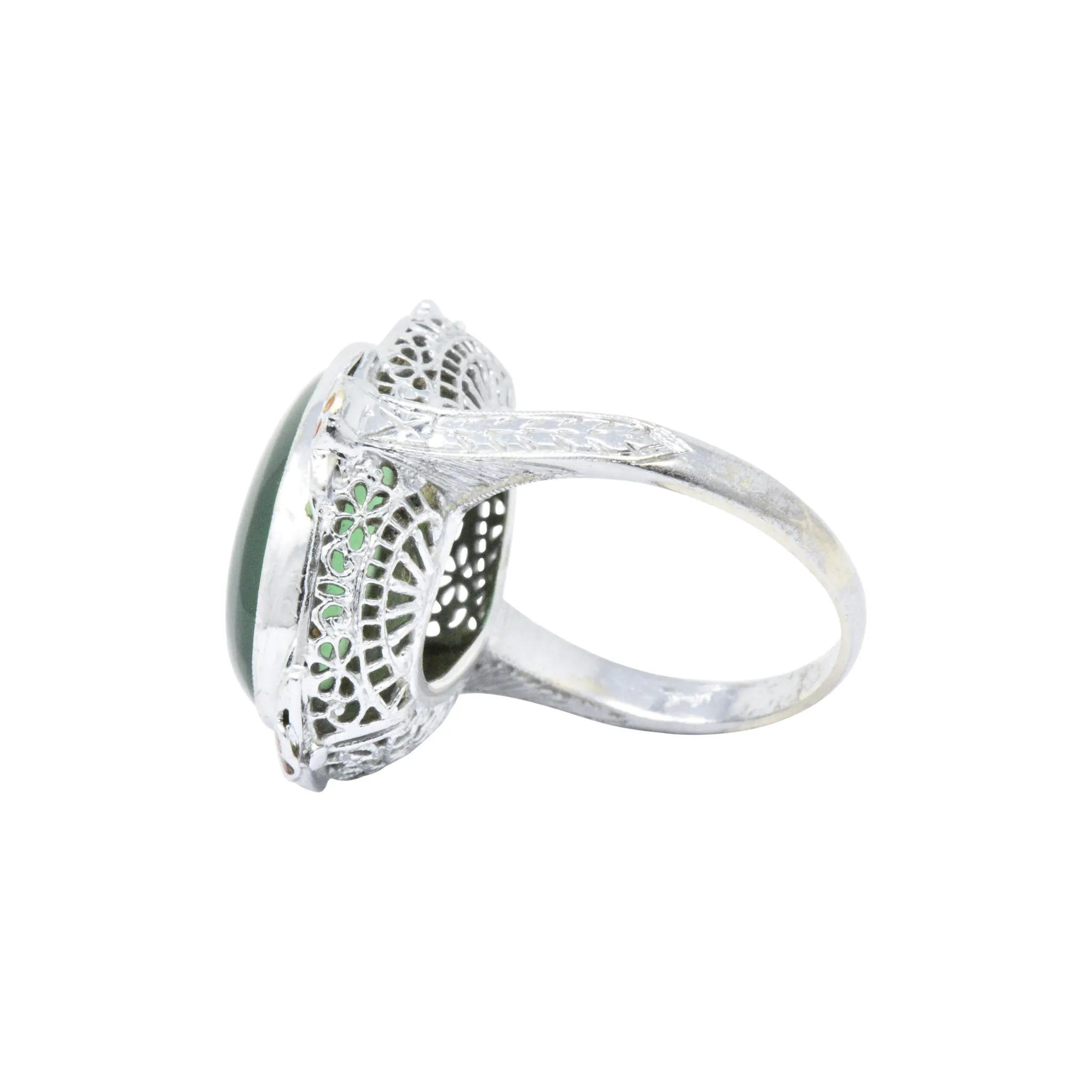 Cheerful Chrysoprase, Enamel & 14 Karat White Gold Ring, Circa 1930's