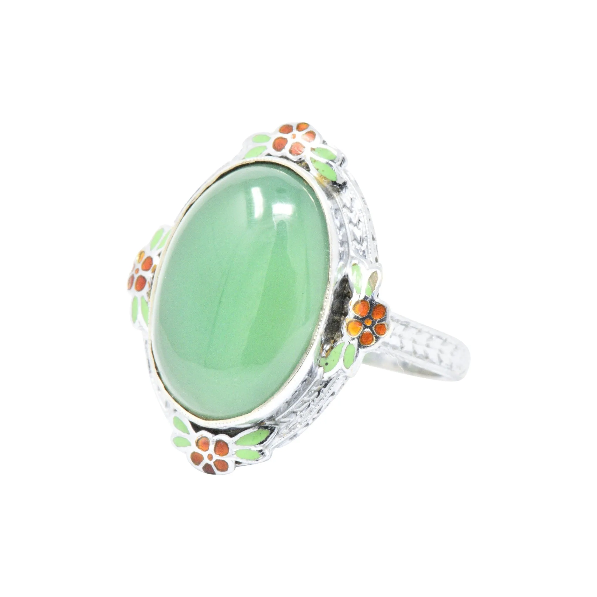 Cheerful Chrysoprase, Enamel & 14 Karat White Gold Ring, Circa 1930's