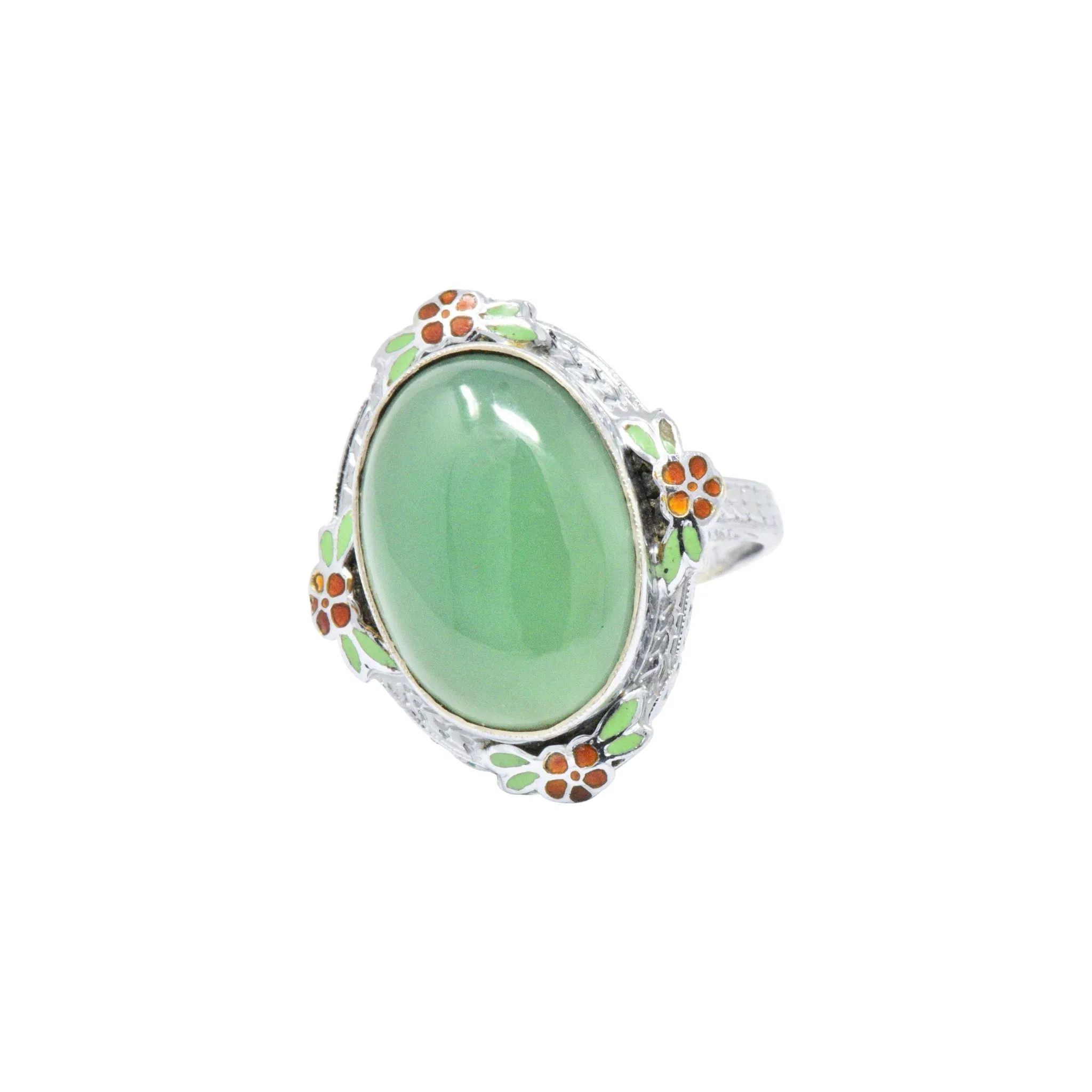 Cheerful Chrysoprase, Enamel & 14 Karat White Gold Ring, Circa 1930's