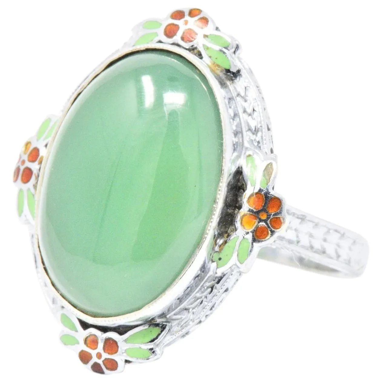 Cheerful Chrysoprase, Enamel & 14 Karat White Gold Ring, Circa 1930's