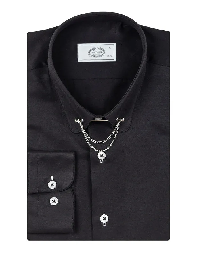 CLASSIC BLACK DRESS SHIRT PENNY COLLAR PIN BAR WITH CHAIN