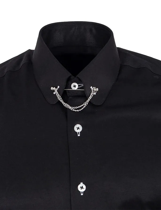 CLASSIC BLACK DRESS SHIRT PENNY COLLAR PIN BAR WITH CHAIN