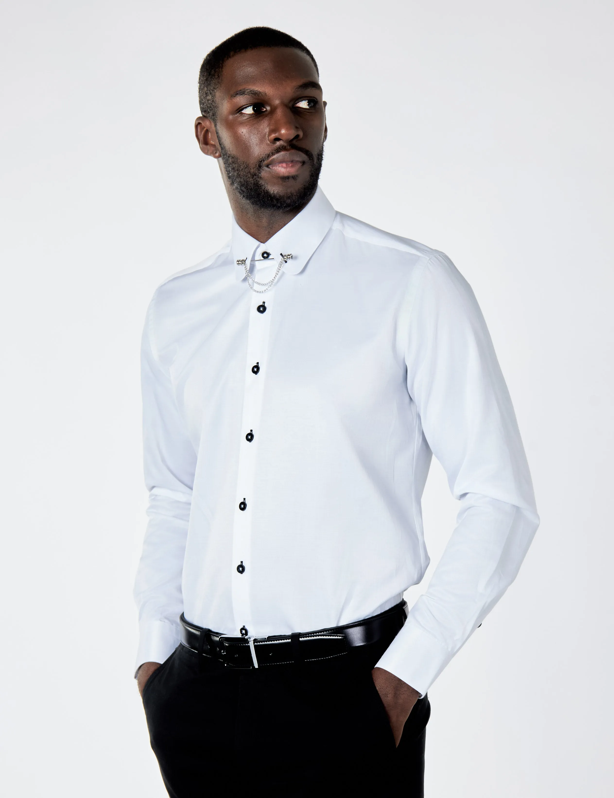 CLASSIC WHITE DRESS SHIRT PENNY COLLAR PIN BAR WITH CHAIN