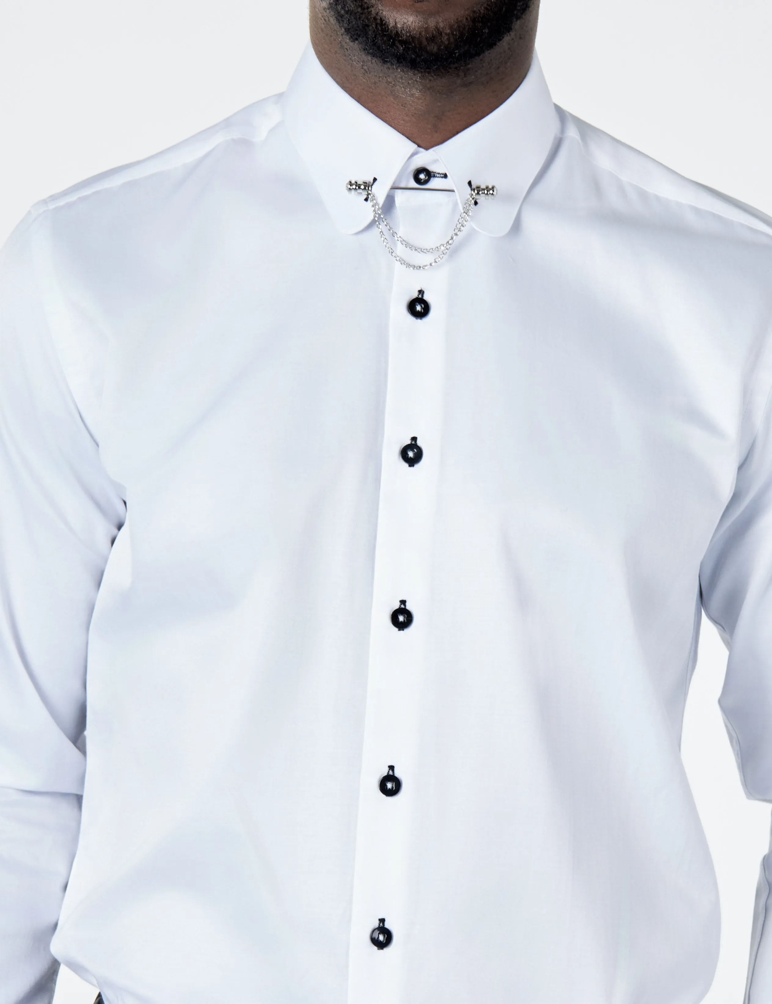 CLASSIC WHITE DRESS SHIRT PENNY COLLAR PIN BAR WITH CHAIN