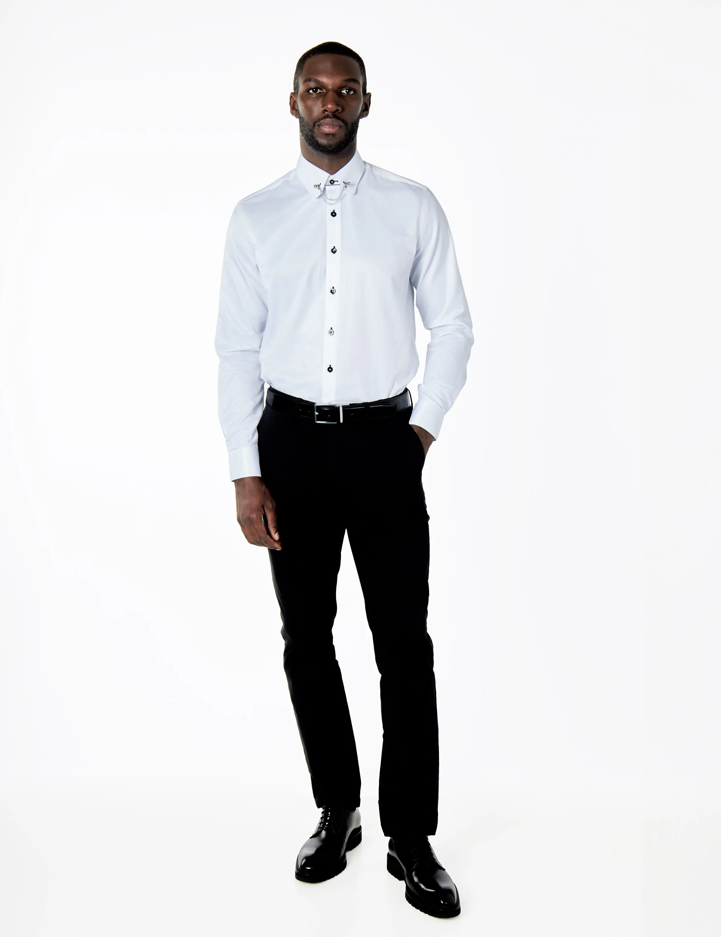 CLASSIC WHITE DRESS SHIRT PENNY COLLAR PIN BAR WITH CHAIN