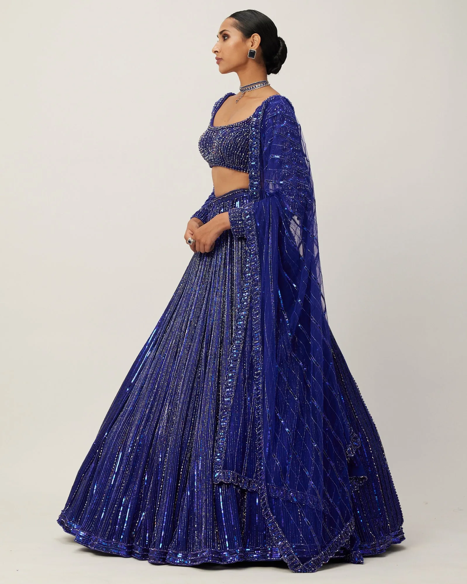 Cocktail Blue Crystal Linear Embroidered Lehenga Set