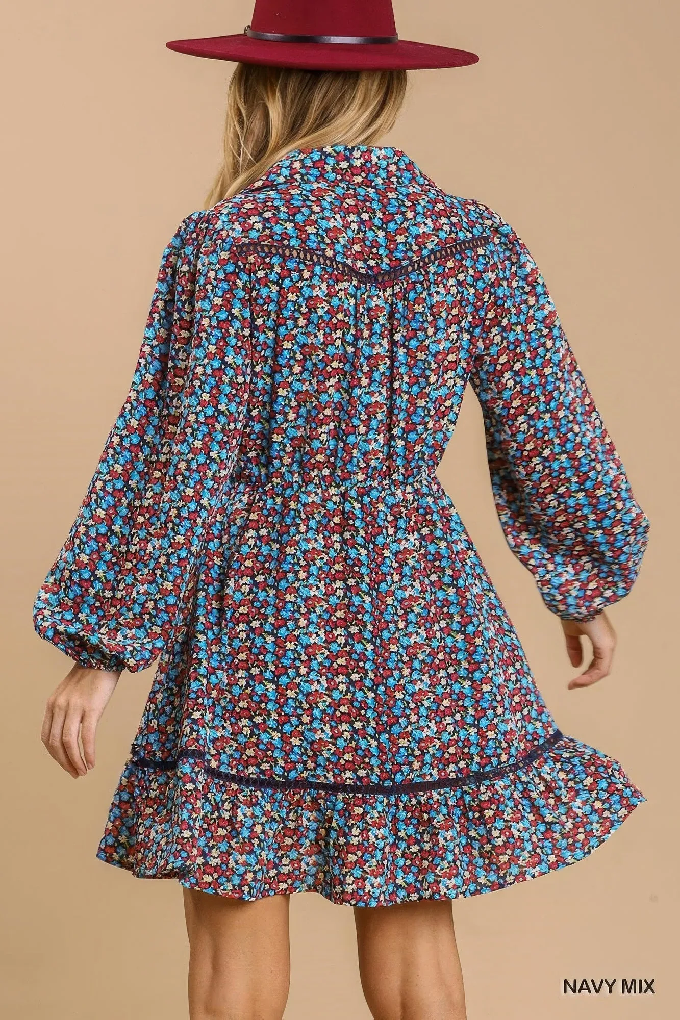 Collared neckline button down floral print dress with crochet trimmed details