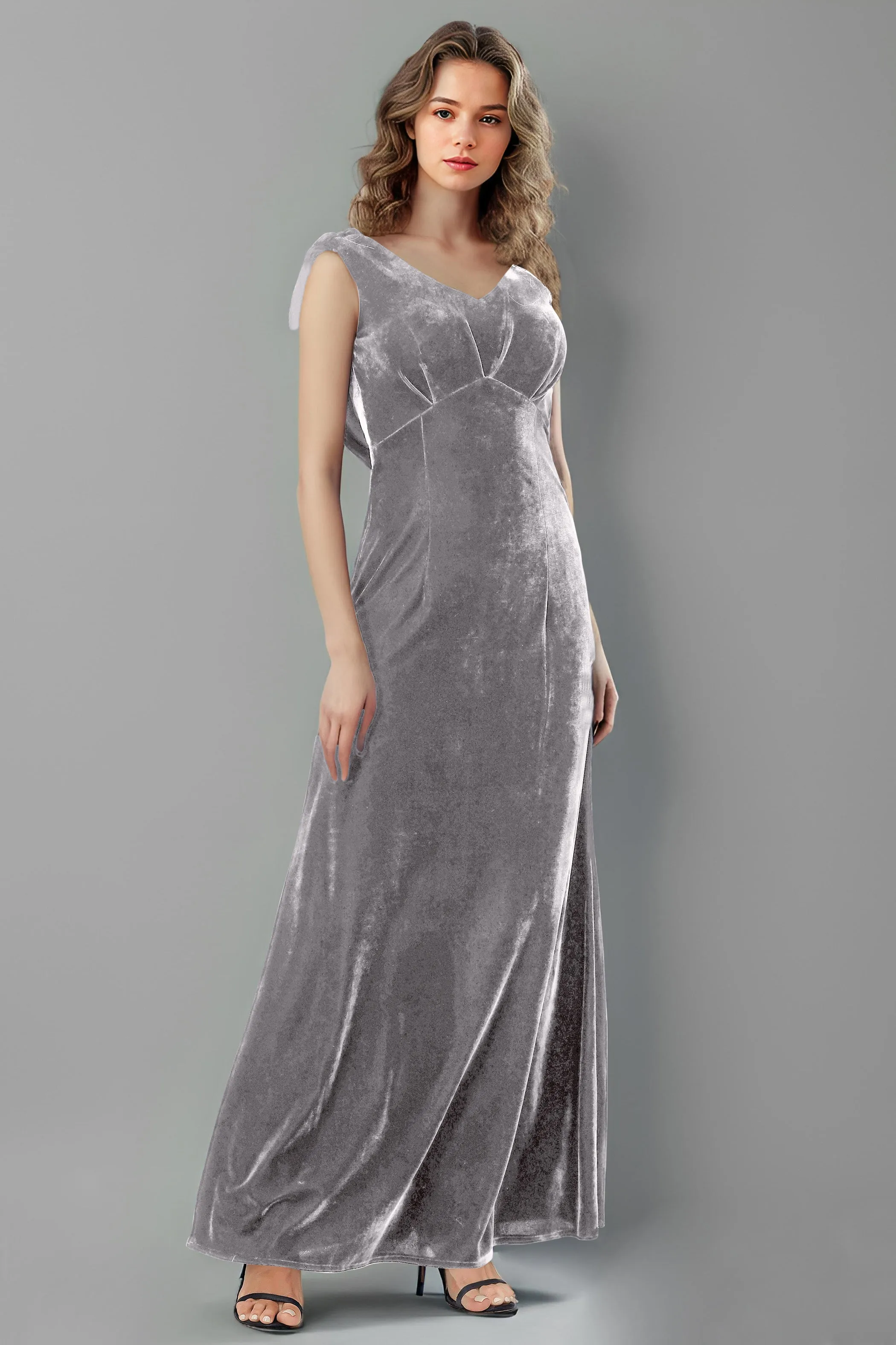 Column High Waist V-Neck Velvet Floor Length Bridesmaid Dresses