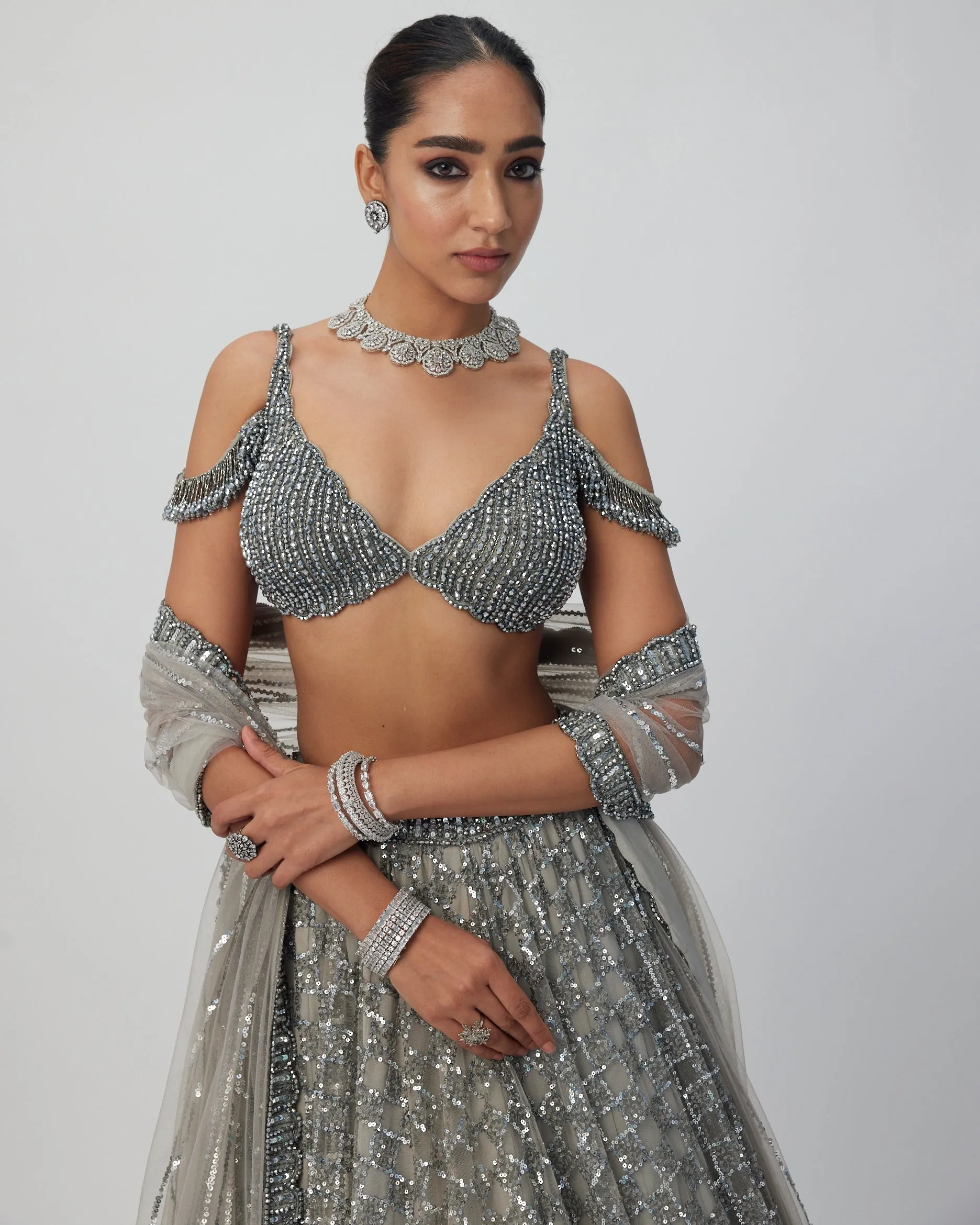 Crystal Grey Sequins Embroidered Lehenga Set
