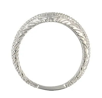 Curved Engraved Wheat Art Deco Diamond Wedding Band in Platinum