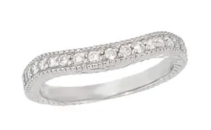Curved Engraved Wheat Art Deco Diamond Wedding Band in Platinum