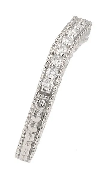 Curved Engraved Wheat Art Deco Diamond Wedding Band in Platinum