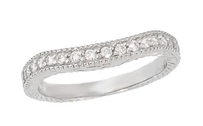 Curved Engraved Wheat Art Deco Diamond Wedding Band in Platinum