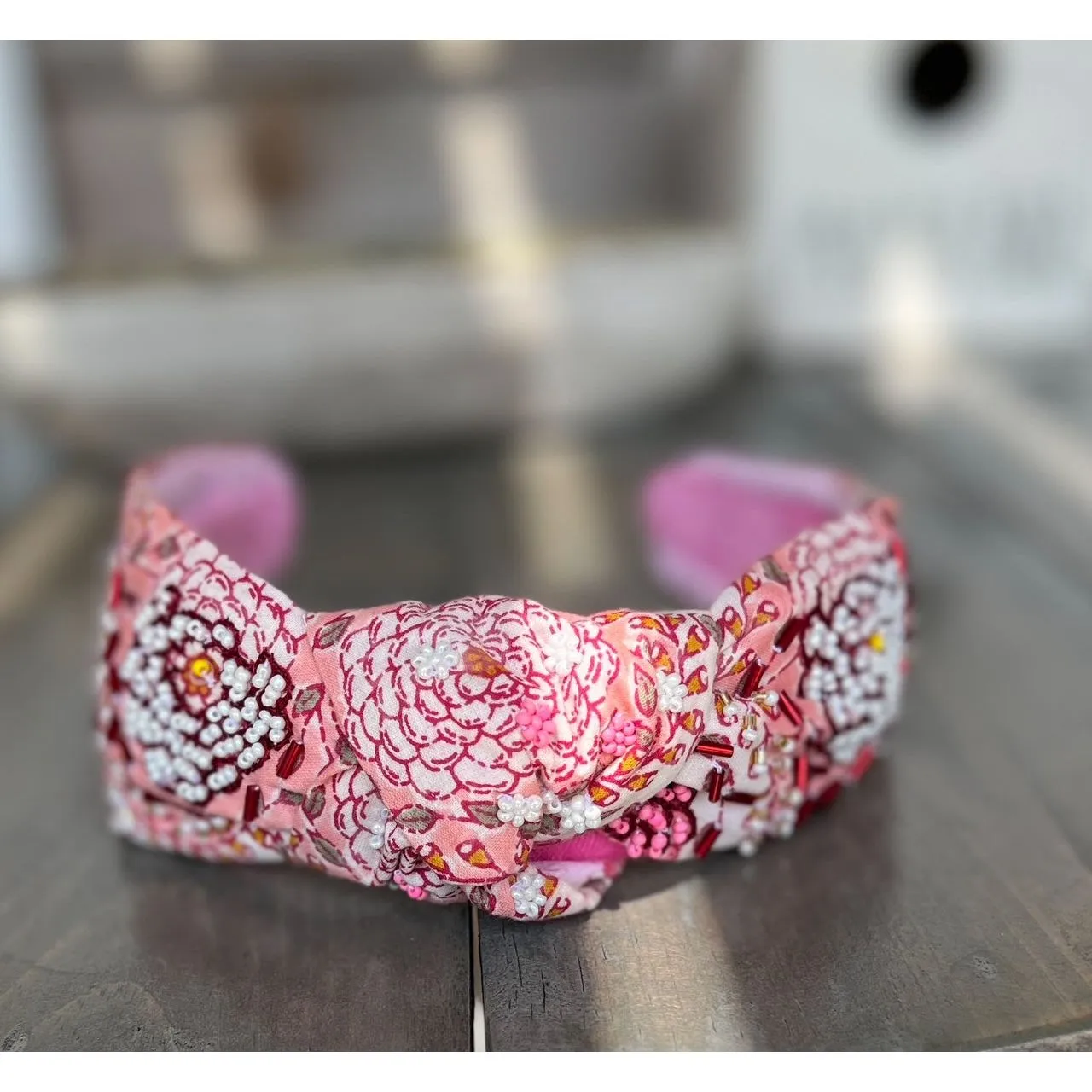 Daisy Toile Top Knot Seed Beaded Headband.