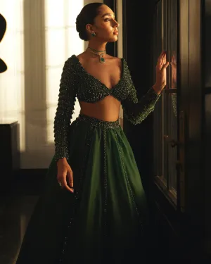 Dark Jade Green Organza Lehenga Set