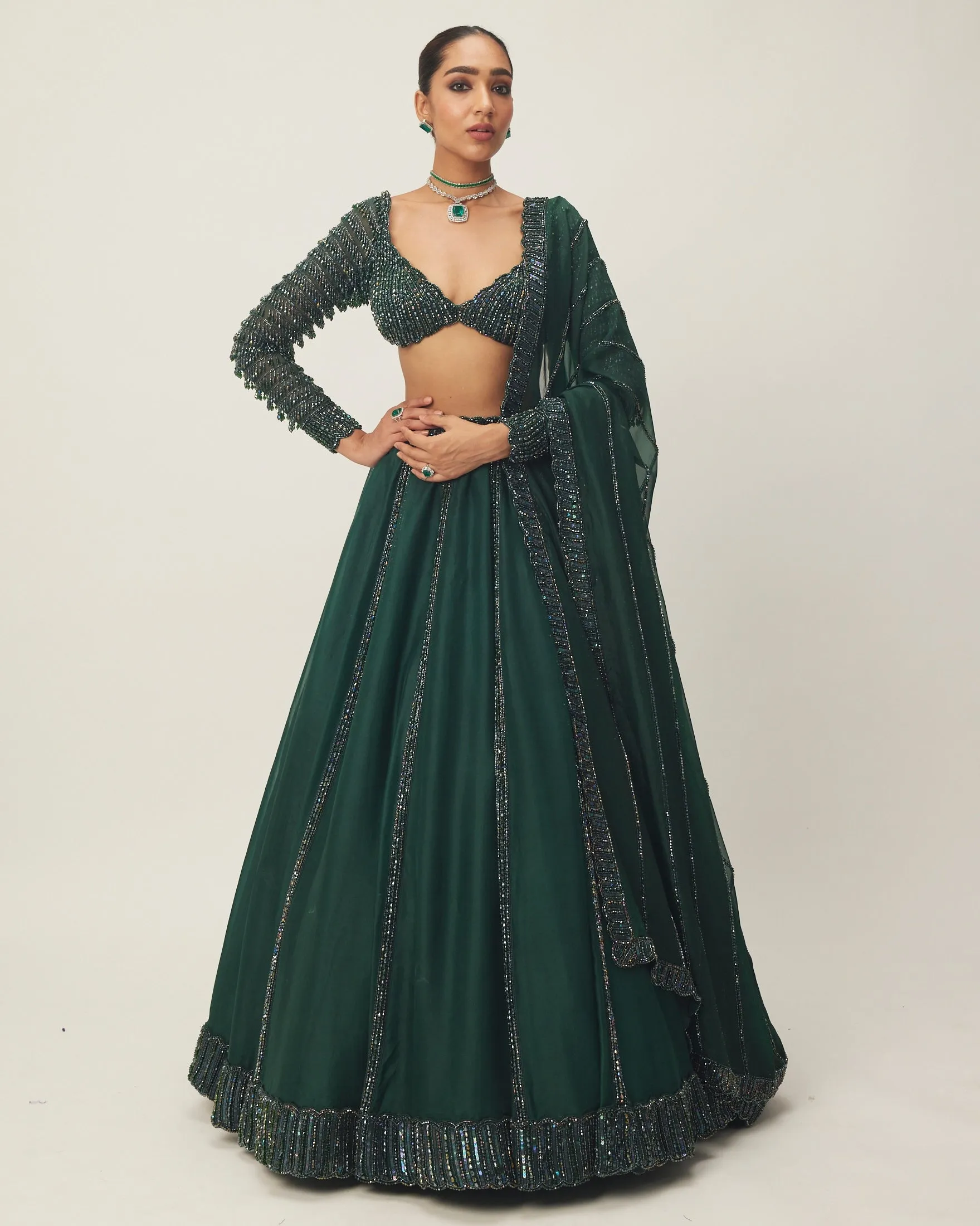 Dark Jade Green Organza Lehenga Set
