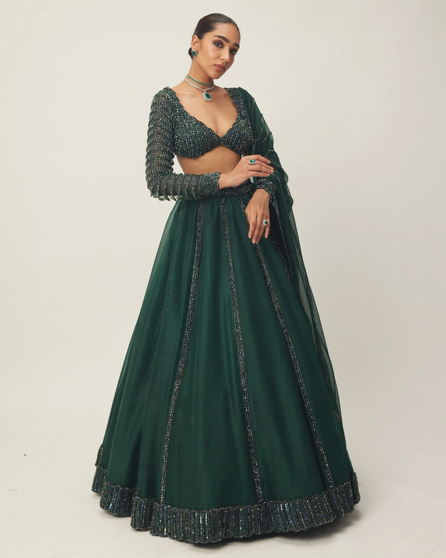 Dark Jade Green Organza Lehenga Set