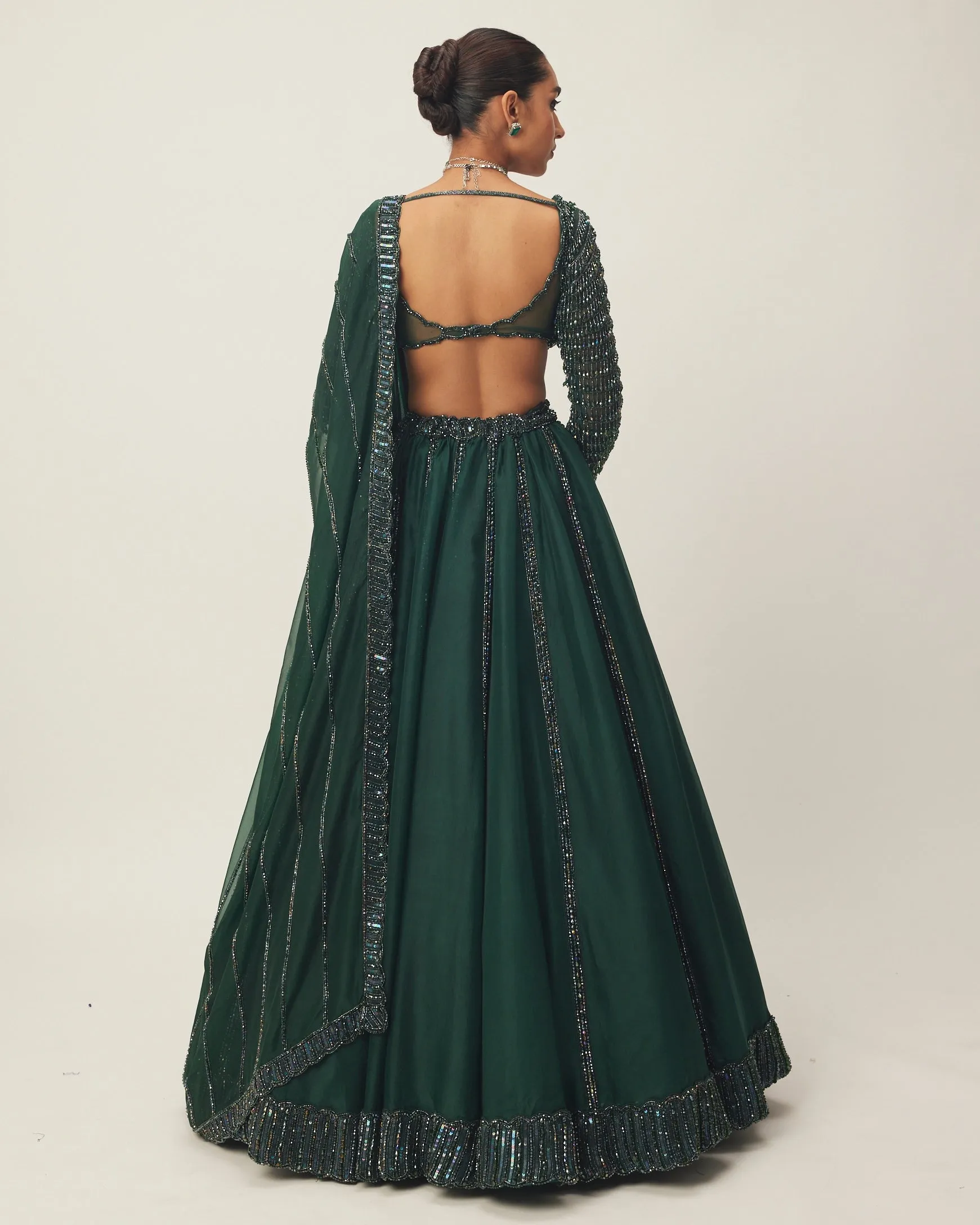 Dark Jade Green Organza Lehenga Set