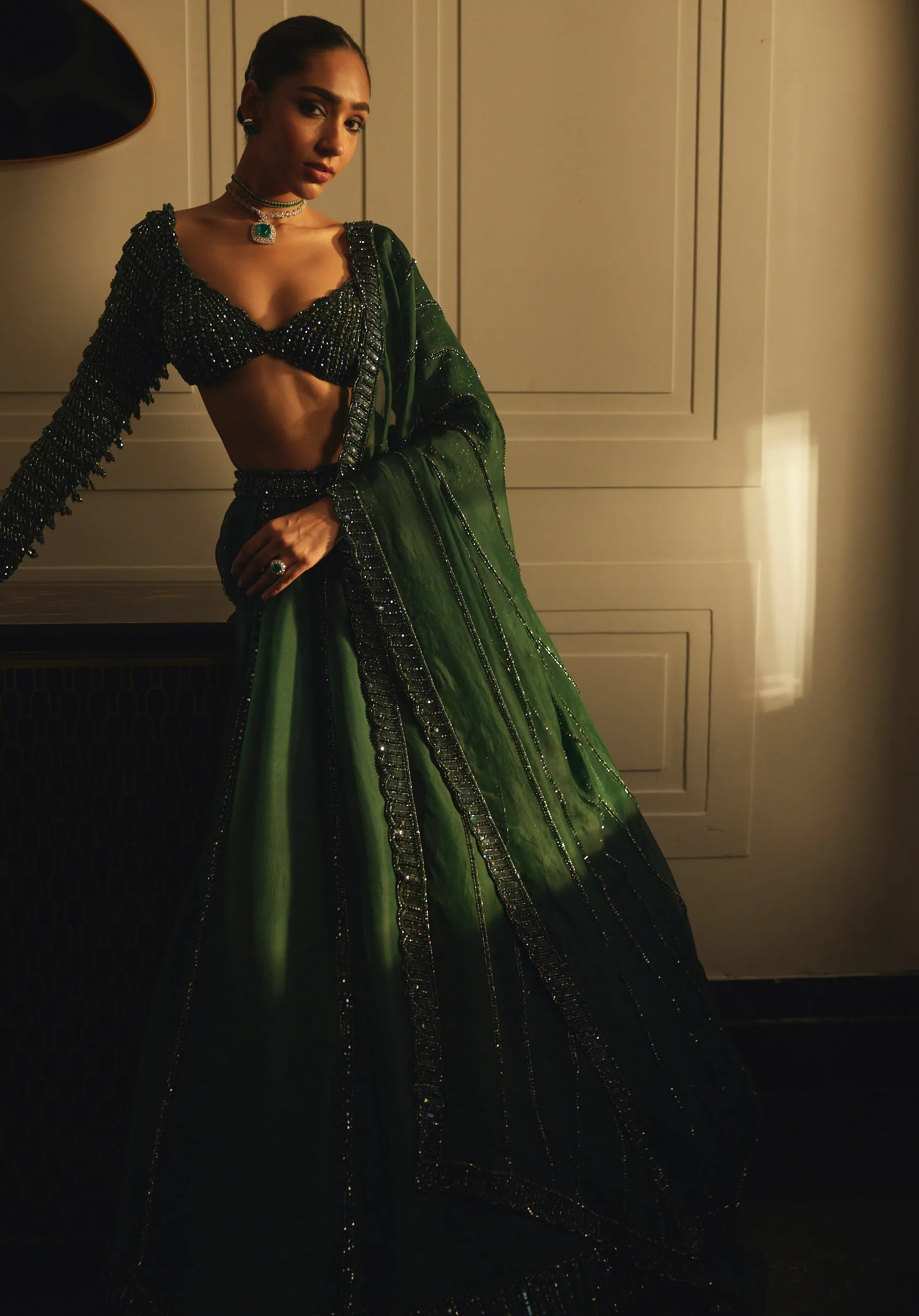 Dark Jade Green Organza Lehenga Set
