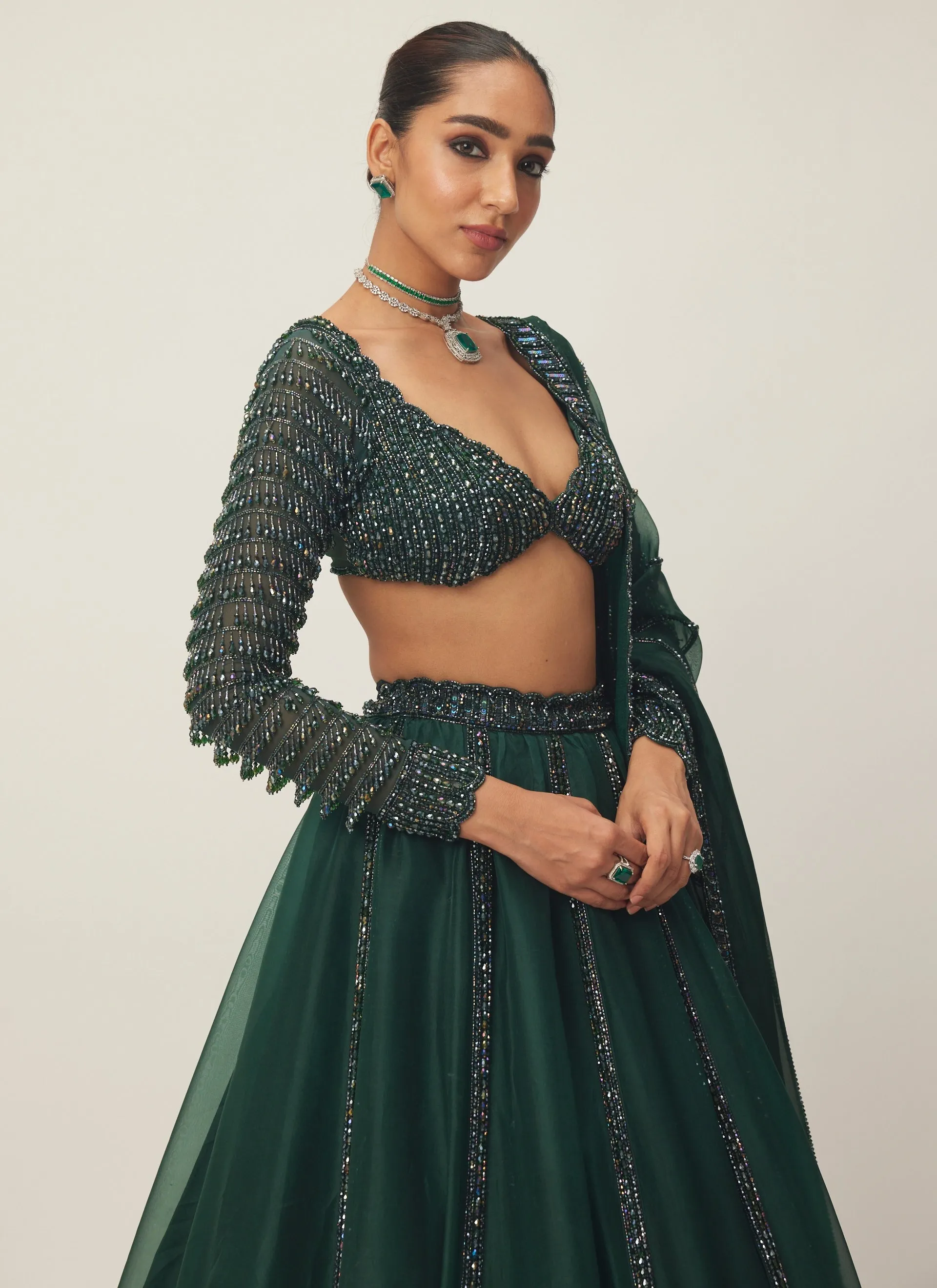 Dark Jade Green Organza Lehenga Set