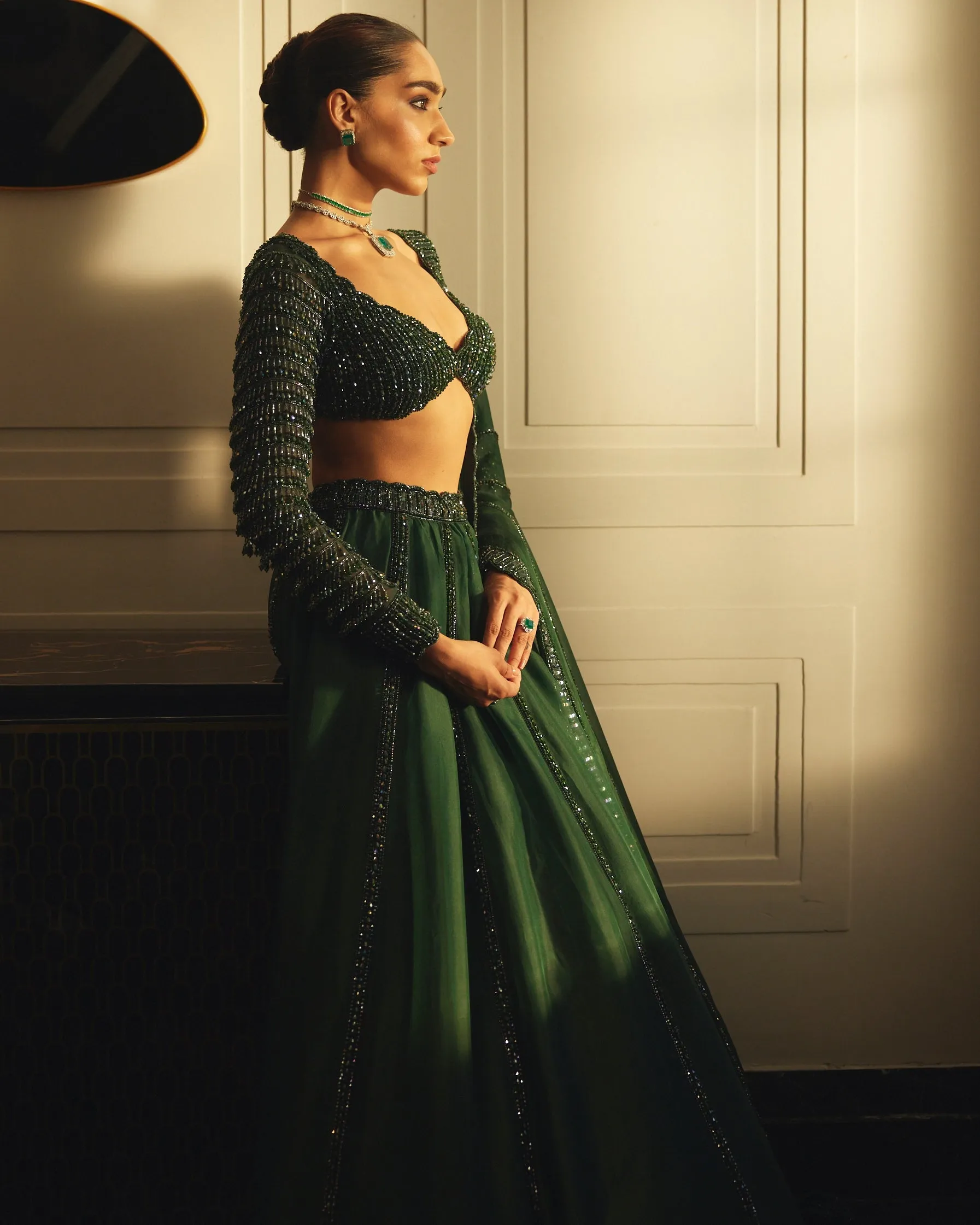 Dark Jade Green Organza Lehenga Set