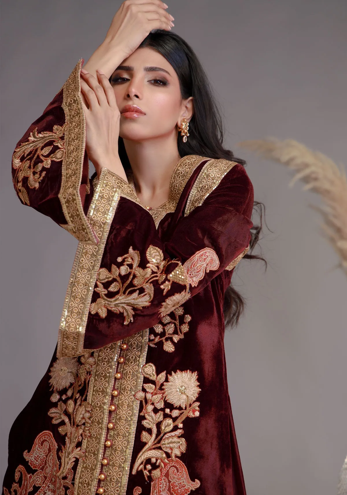 Deep Maroon Velvet Jacket Outfit