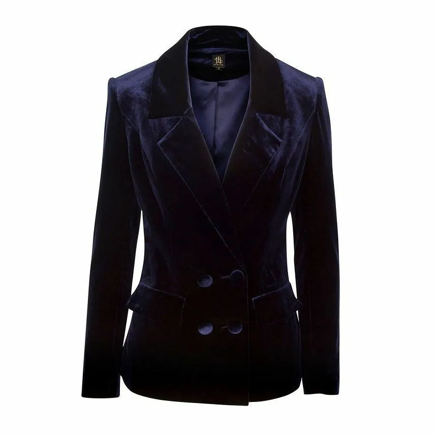 Double Breasted Midnight Blue Velvet Blazer