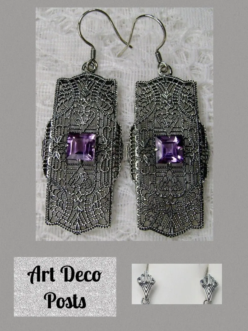 E26, Lacy Square Gem Earrings, Choice of Gemstone, Sterling Silver Art Deco 1920's Jewelry #E26