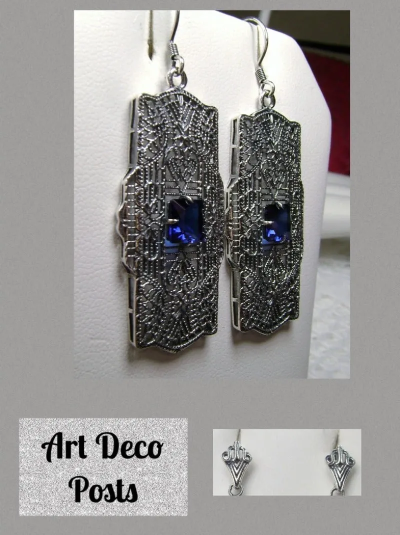 E26, Lacy Square Gem Earrings, Choice of Gemstone, Sterling Silver Art Deco 1920's Jewelry #E26