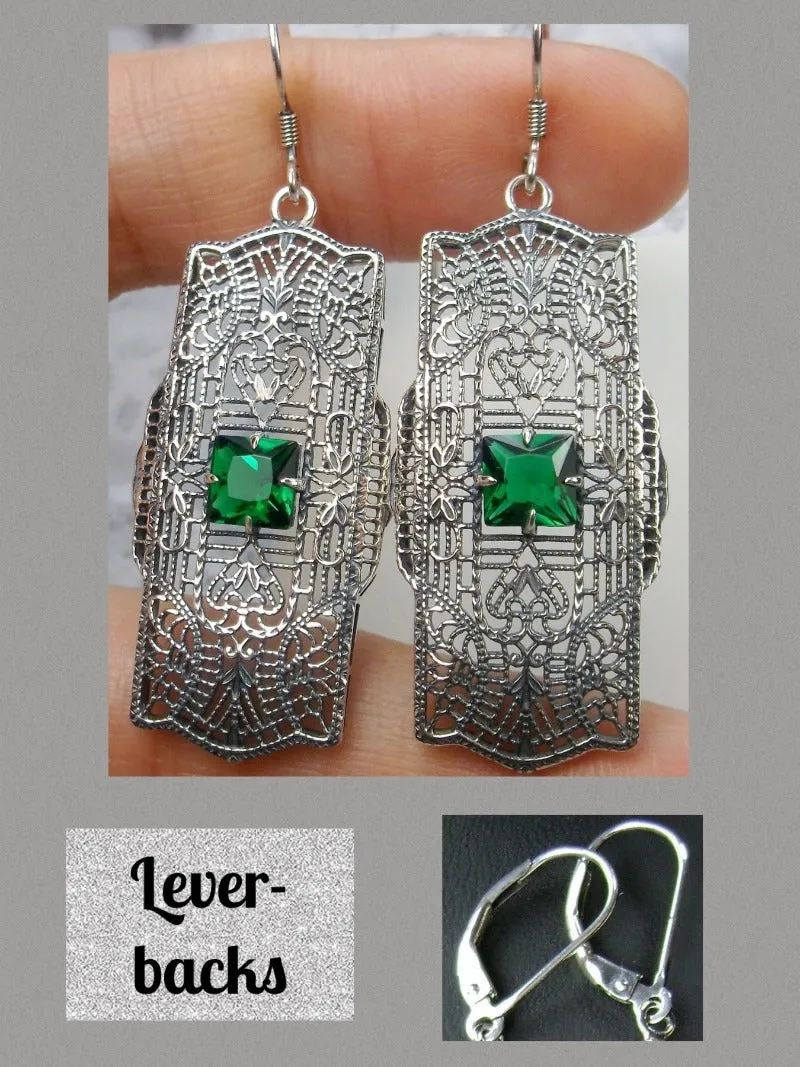 E26, Lacy Square Gem Earrings, Choice of Gemstone, Sterling Silver Art Deco 1920's Jewelry #E26