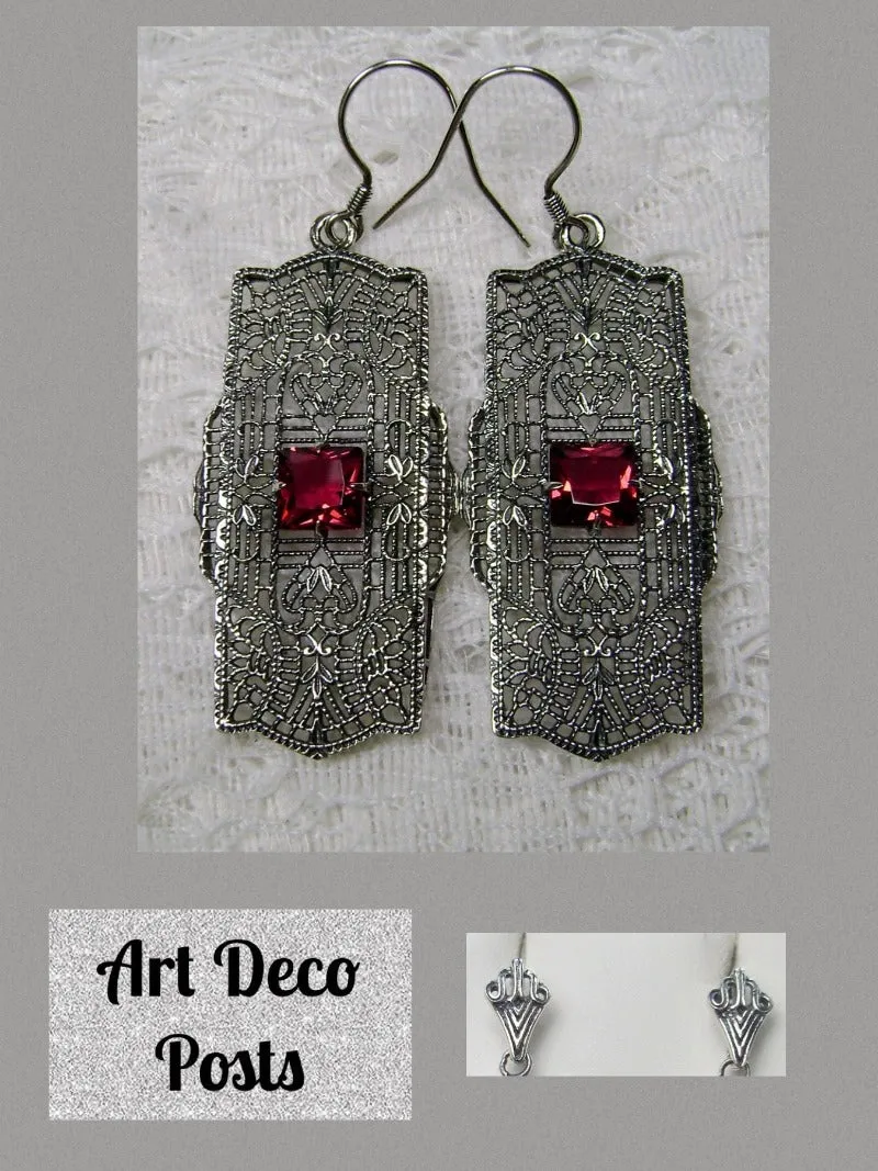 E26, Lacy Square Gem Earrings, Choice of Gemstone, Sterling Silver Art Deco 1920's Jewelry #E26