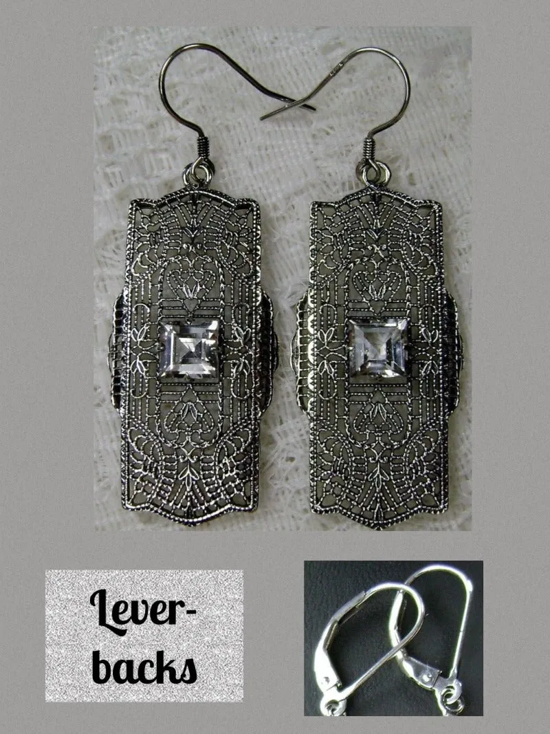 E26, Lacy Square Gem Earrings, Choice of Gemstone, Sterling Silver Art Deco 1920's Jewelry #E26