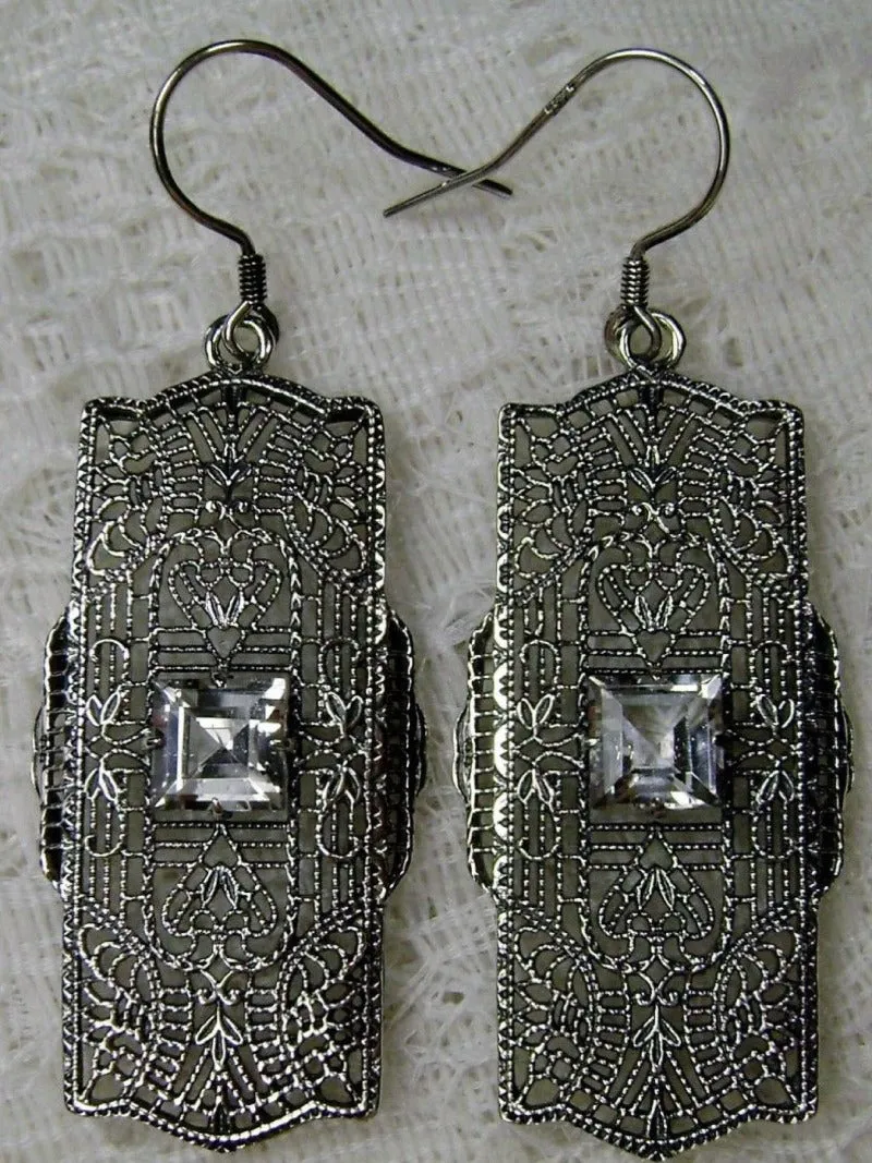 E26, Lacy Square Gem Earrings, Choice of Gemstone, Sterling Silver Art Deco 1920's Jewelry #E26