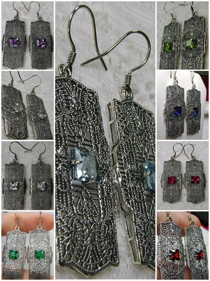 E26, Lacy Square Gem Earrings, Choice of Gemstone, Sterling Silver Art Deco 1920's Jewelry #E26