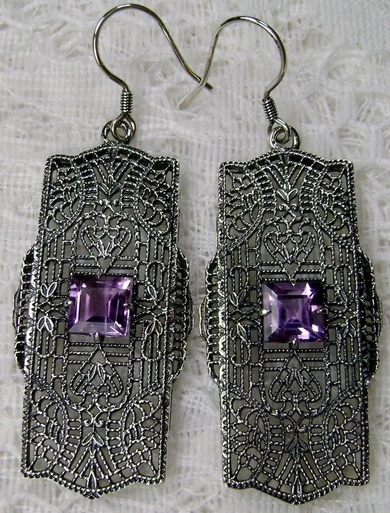 E26, Lacy Square Gem Earrings, Choice of Gemstone, Sterling Silver Art Deco 1920's Jewelry #E26