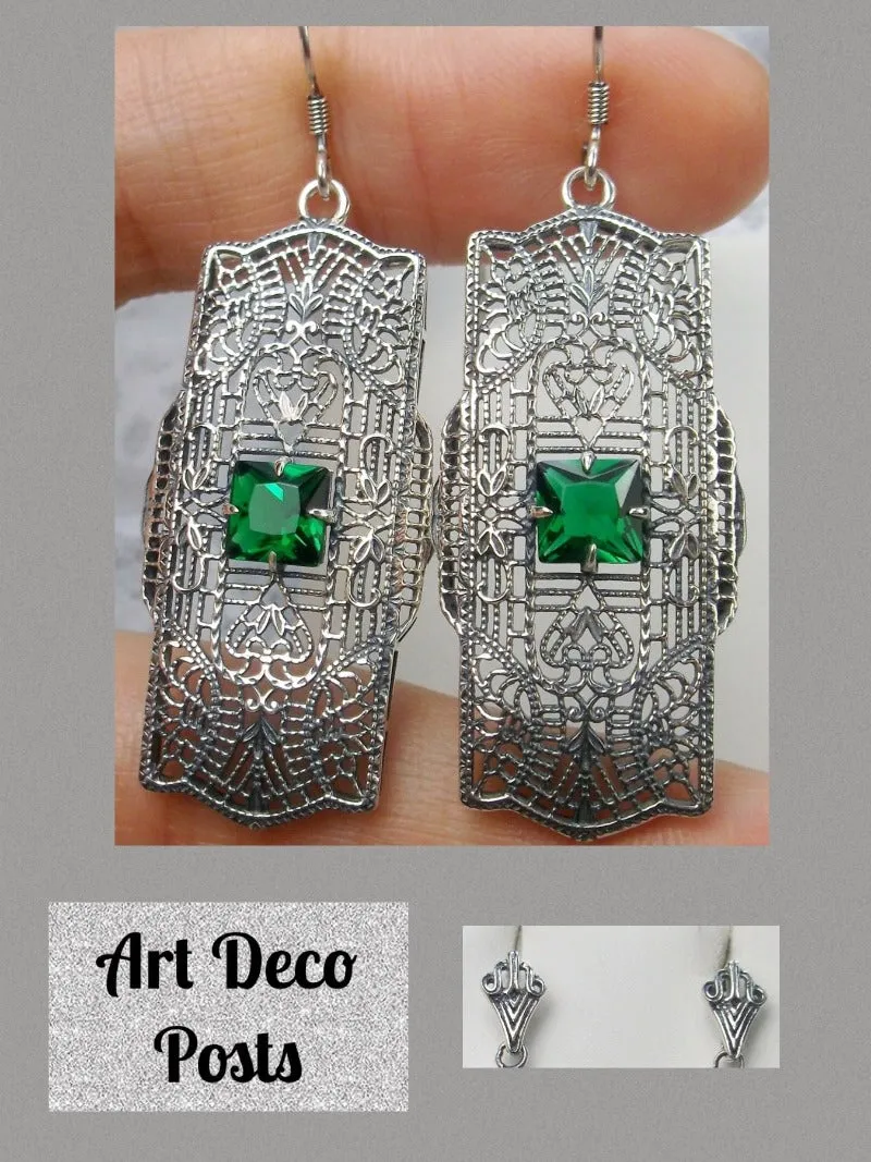 E26, Lacy Square Gem Earrings, Choice of Gemstone, Sterling Silver Art Deco 1920's Jewelry #E26