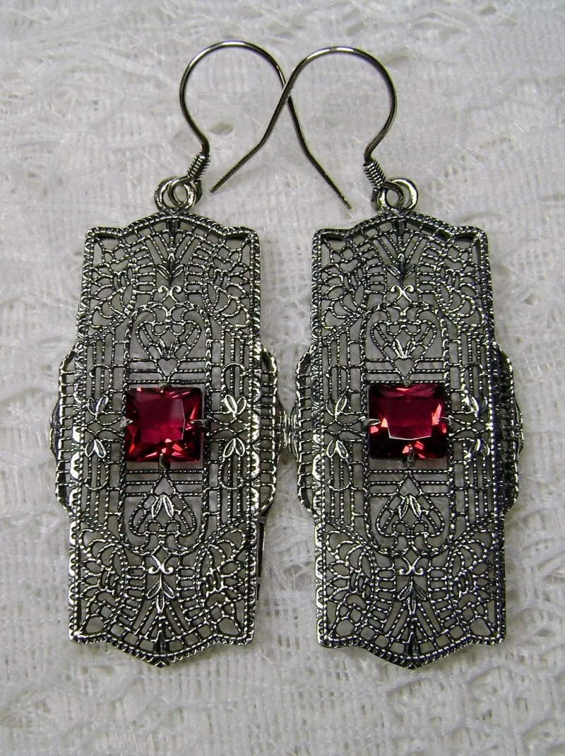 E26, Lacy Square Gem Earrings, Choice of Gemstone, Sterling Silver Art Deco 1920's Jewelry #E26