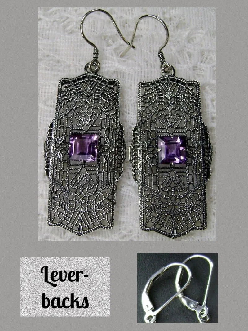 E26, Lacy Square Gem Earrings, Choice of Gemstone, Sterling Silver Art Deco 1920's Jewelry #E26