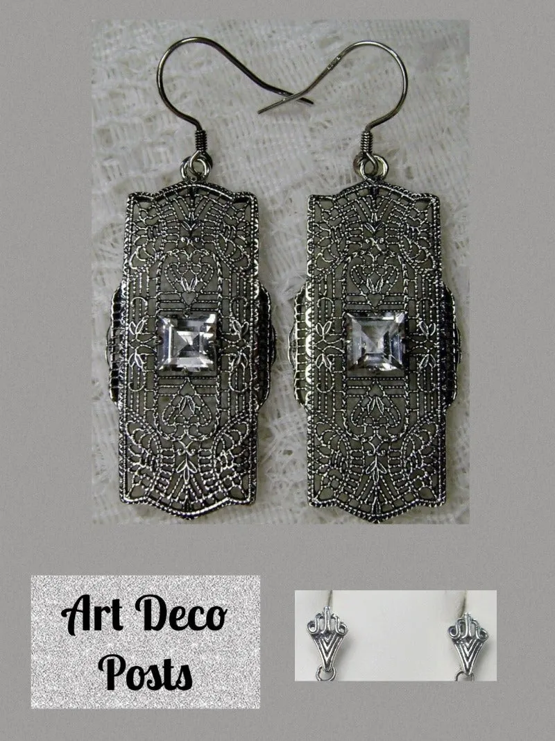 E26, Lacy Square Gem Earrings, Choice of Gemstone, Sterling Silver Art Deco 1920's Jewelry #E26