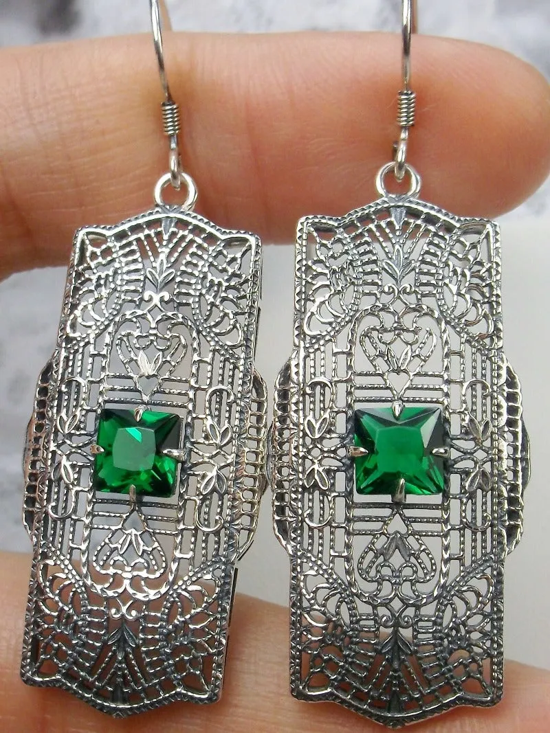 E26, Lacy Square Gem Earrings, Choice of Gemstone, Sterling Silver Art Deco 1920's Jewelry #E26