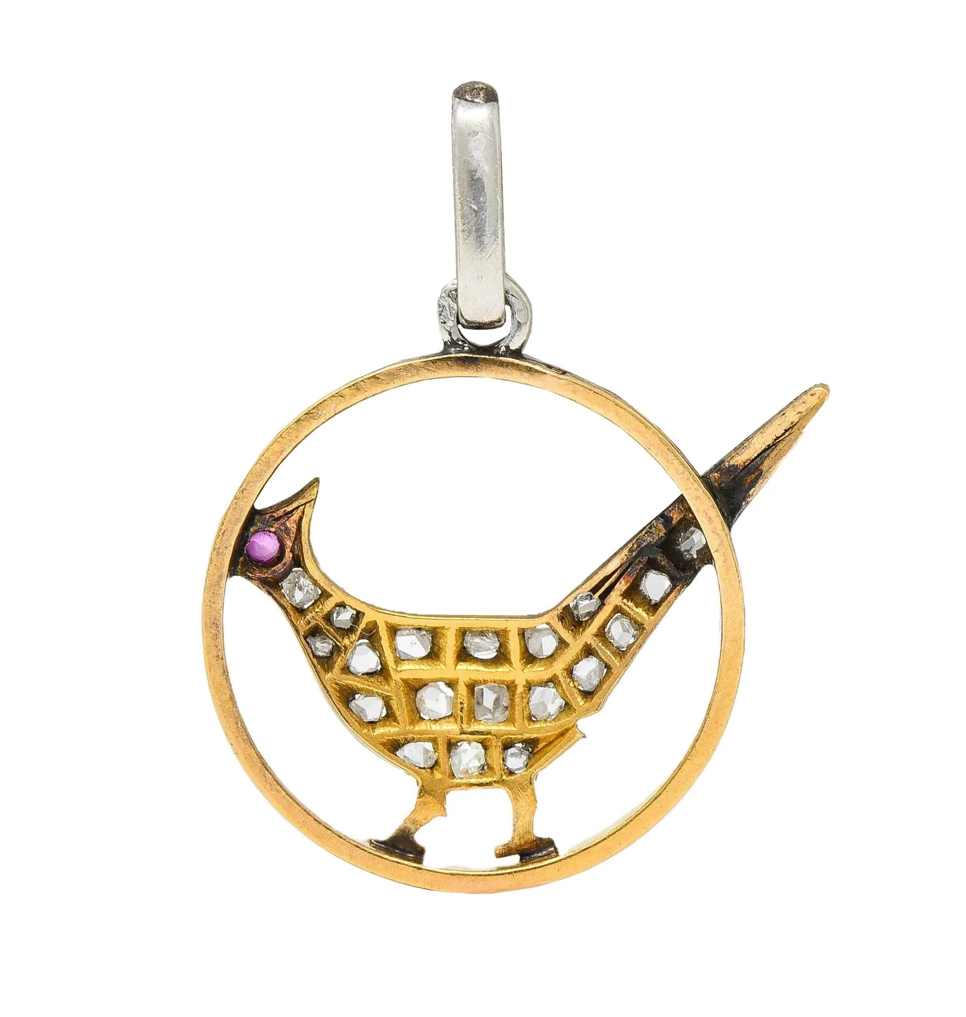 Early Art Deco Diamond Ruby Platinum-Topped 18 Karat Yellow Gold Antique Bird Charm