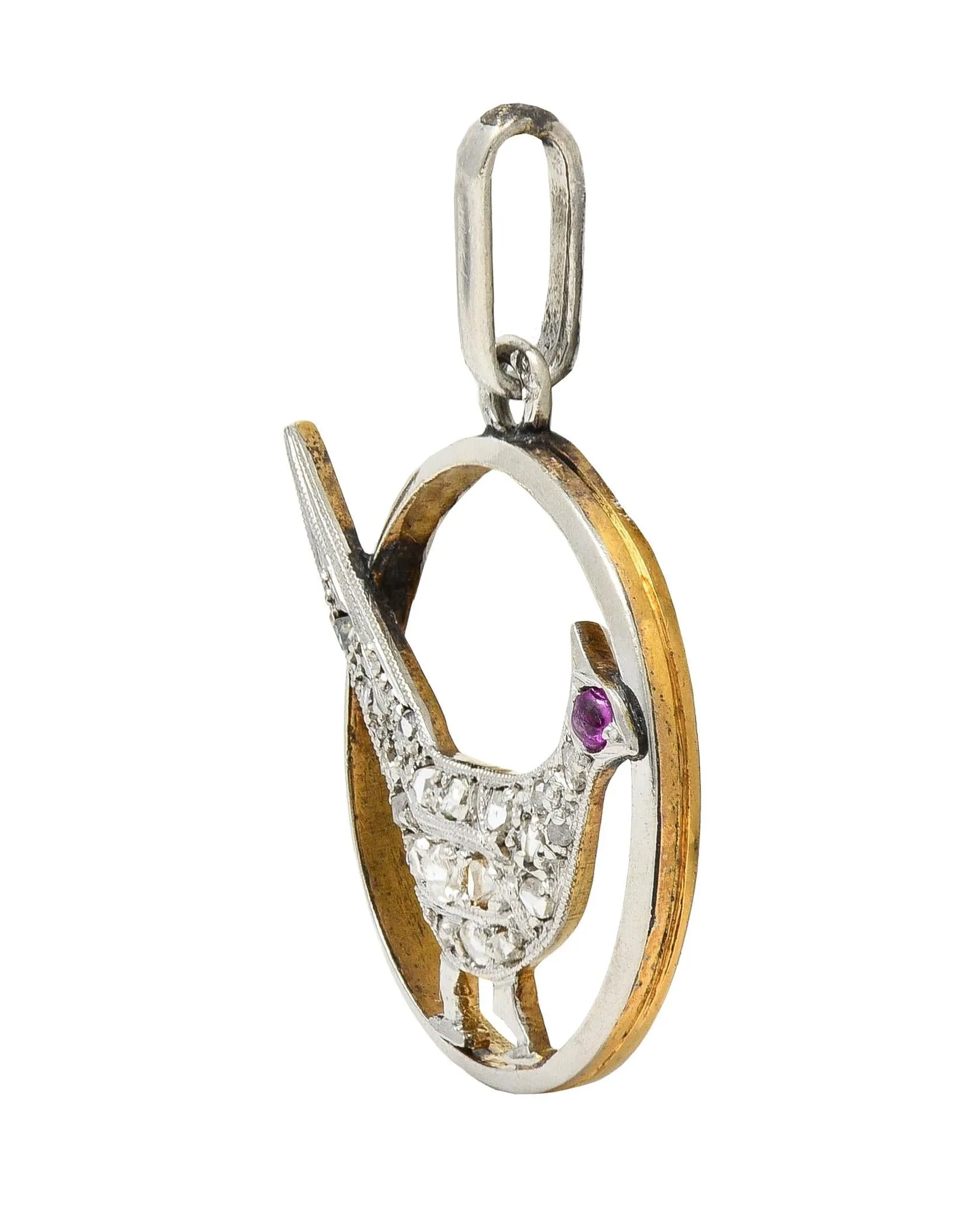Early Art Deco Diamond Ruby Platinum-Topped 18 Karat Yellow Gold Antique Bird Charm
