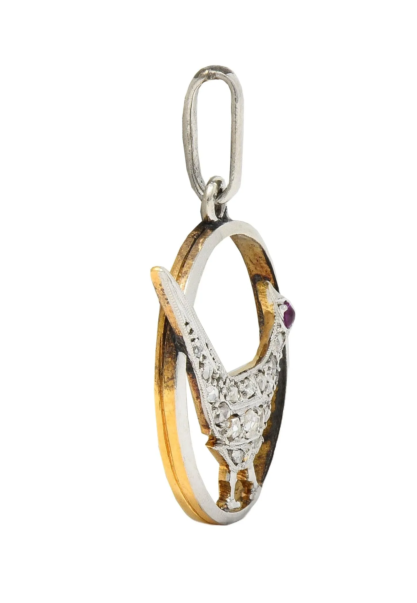 Early Art Deco Diamond Ruby Platinum-Topped 18 Karat Yellow Gold Antique Bird Charm