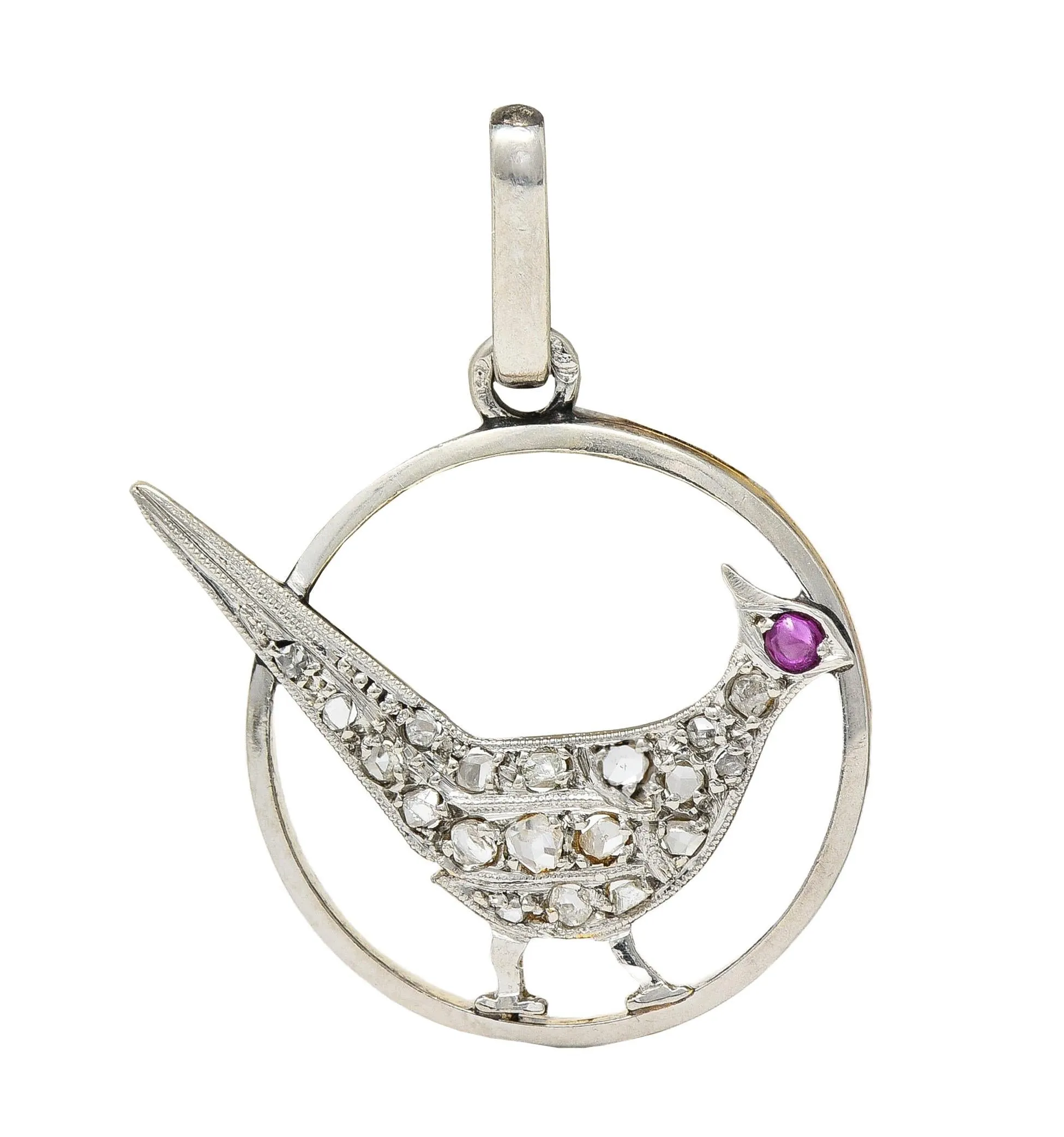 Early Art Deco Diamond Ruby Platinum-Topped 18 Karat Yellow Gold Antique Bird Charm