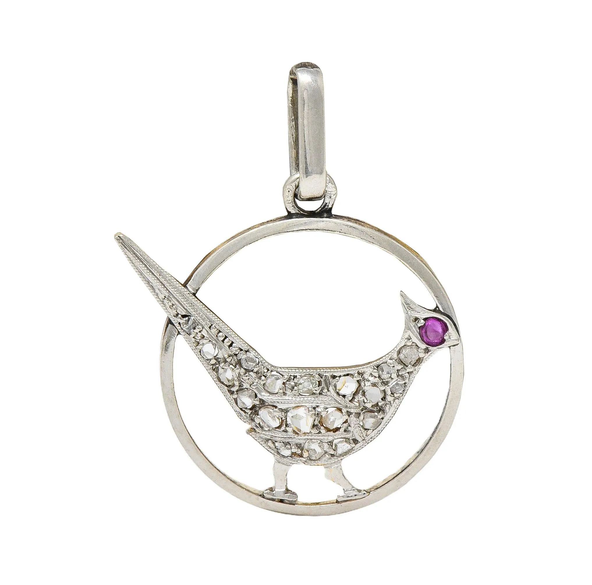 Early Art Deco Diamond Ruby Platinum-Topped 18 Karat Yellow Gold Antique Bird Charm