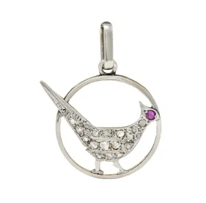 Early Art Deco Diamond Ruby Platinum-Topped 18 Karat Yellow Gold Antique Bird Charm