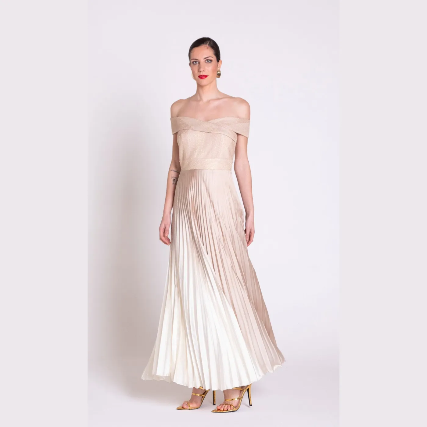 Edas Long Gold Pleated Skirt Dress