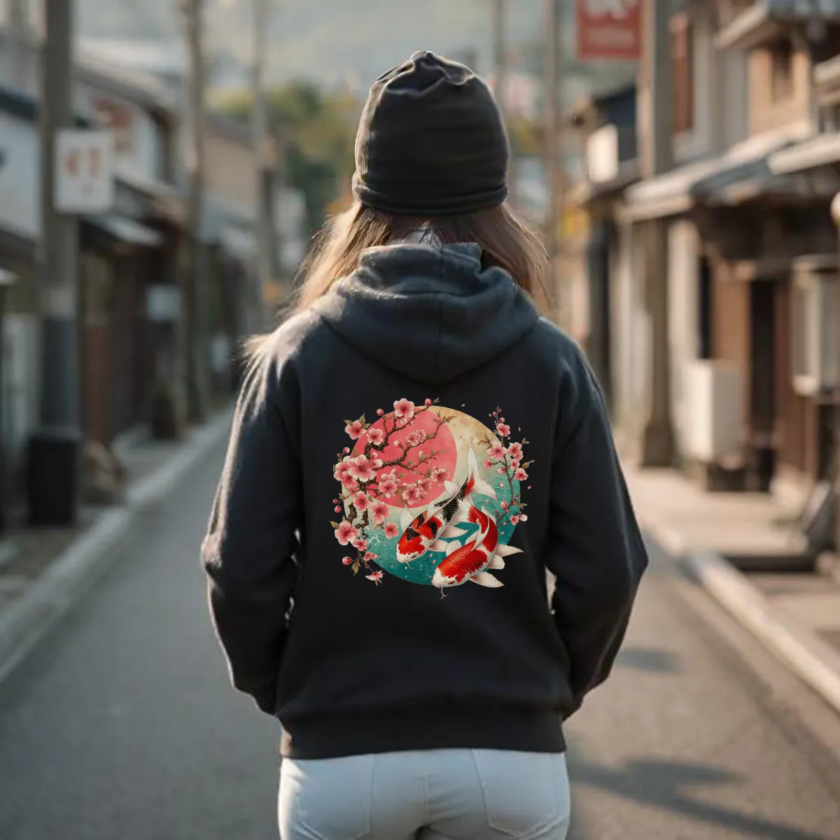 Elegant Koi and Cherry Blossom Hoodie