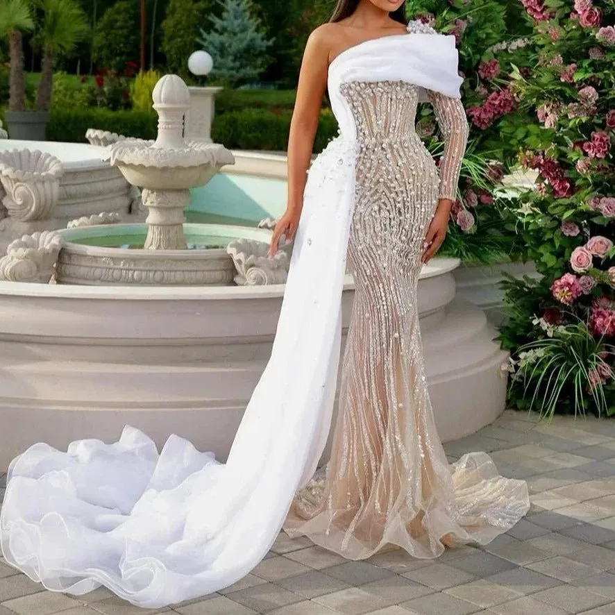 Elegant One Shoulder White Nude Evening Dress  Luxury Pearl Beaded Gown
