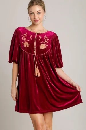 Embroidered Half Sleeve Velvet Mini Dress with Tassel